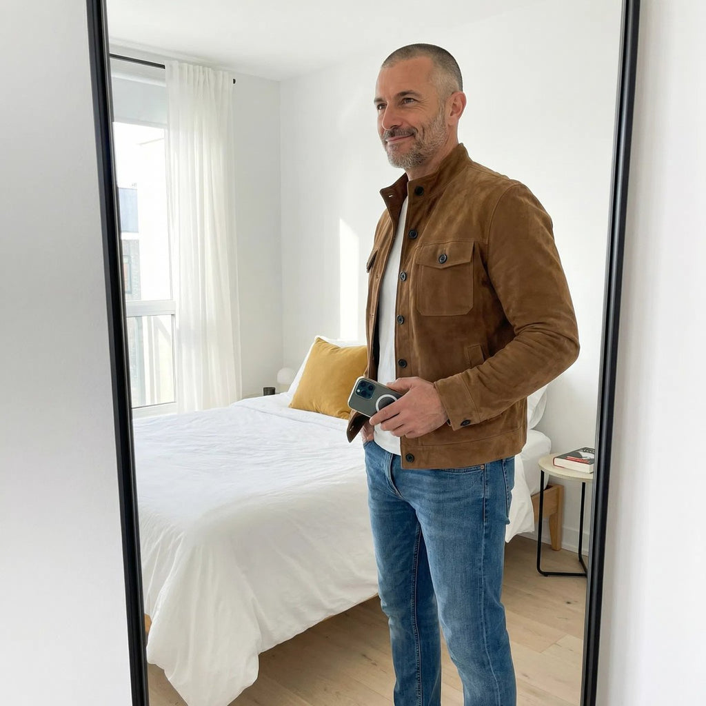 Men's Suede Stand Collar Flap Pocket Jacket