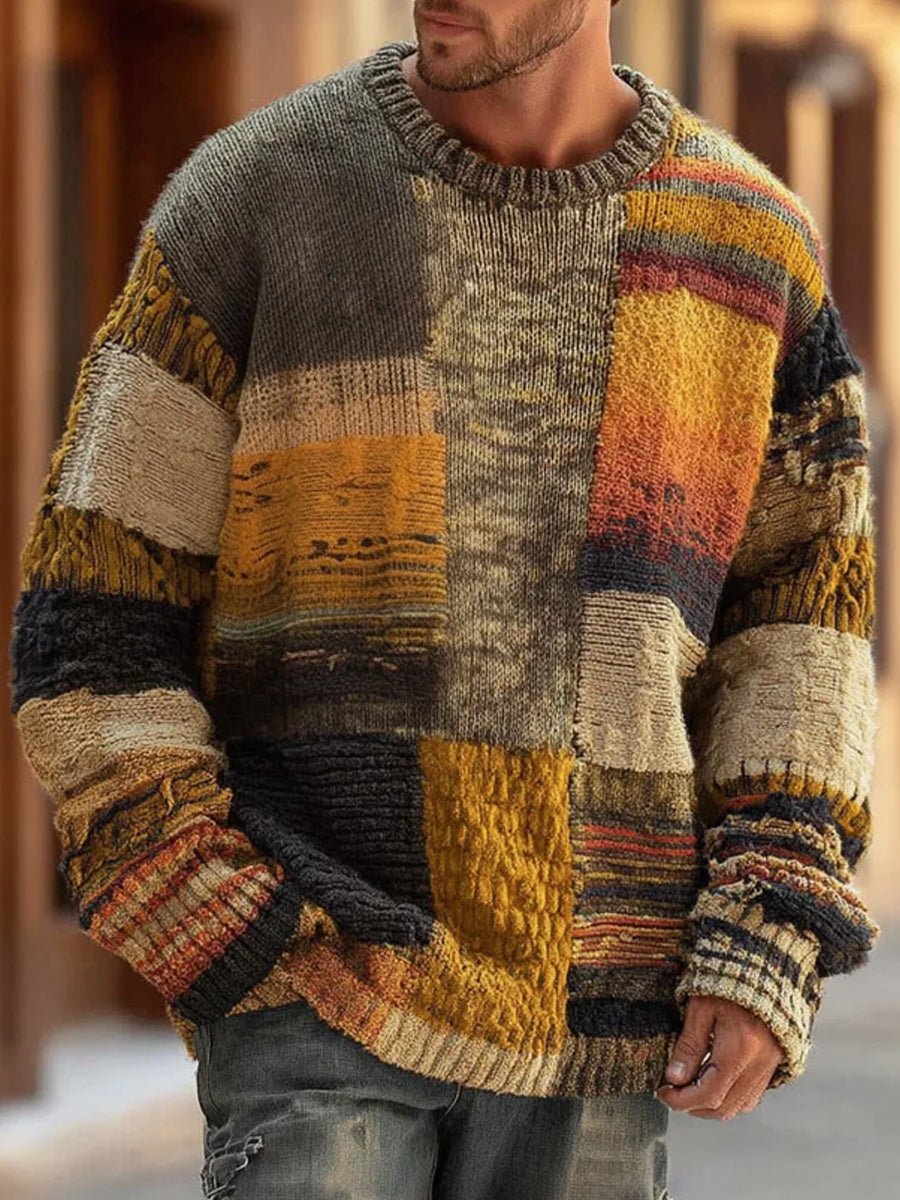 Men's Long-Sleeve Patchwork Colourblock Knit Pullover