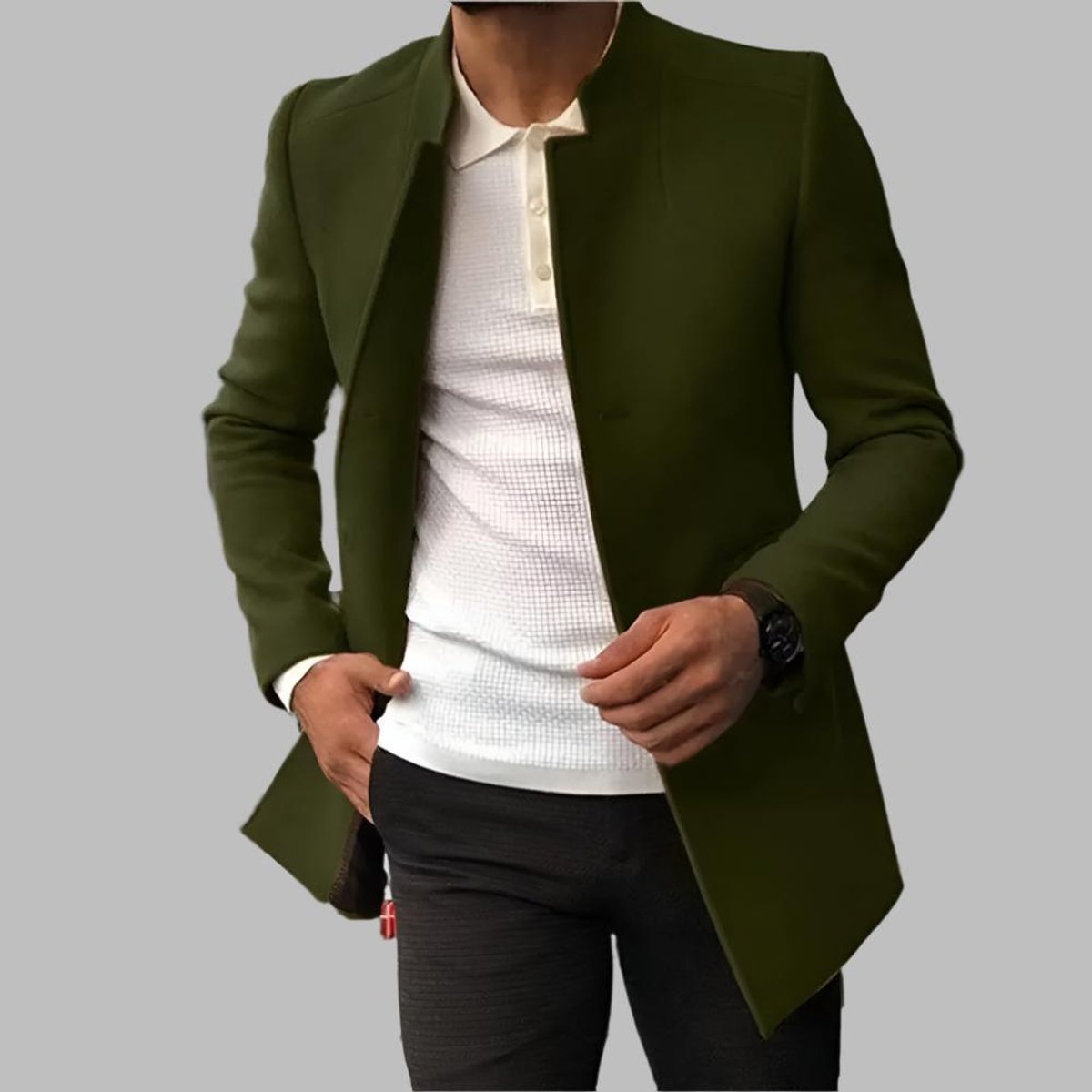 Men's Collarless Slim-Fit Woollen Overcoat