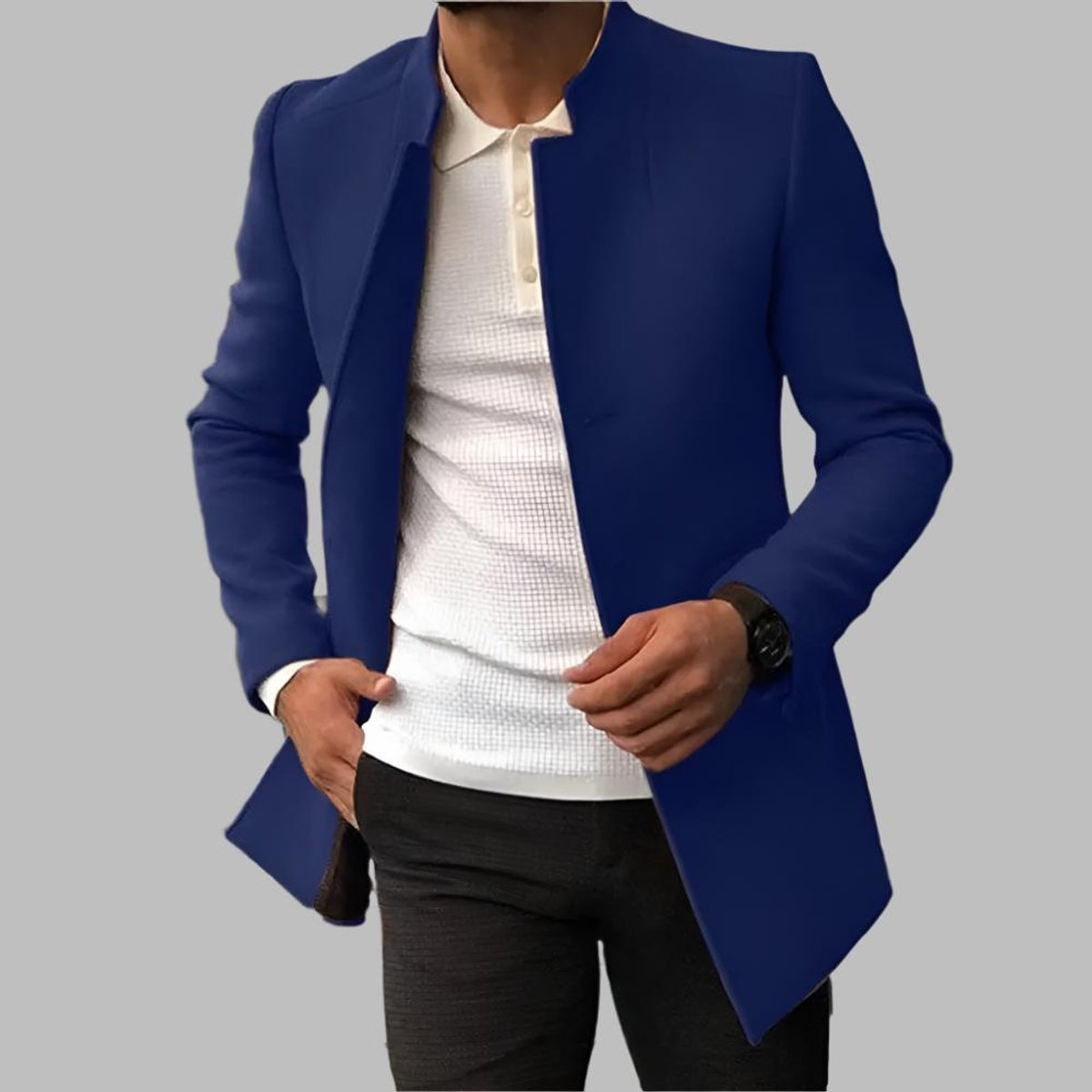 Men's Collarless Slim-Fit Woollen Overcoat