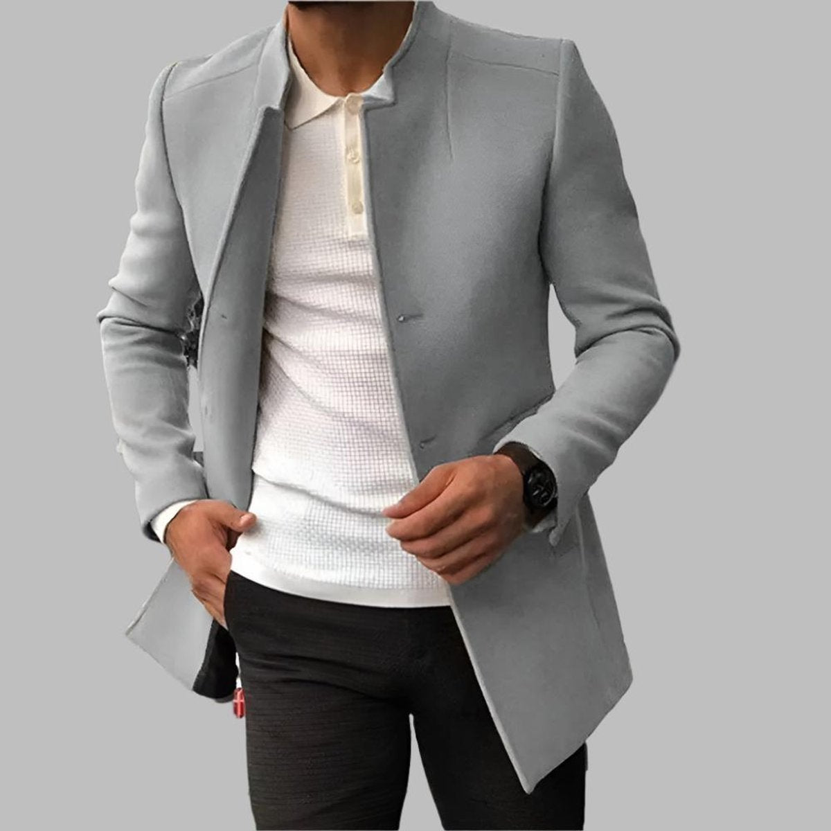 Men's Collarless Slim-Fit Woollen Overcoat