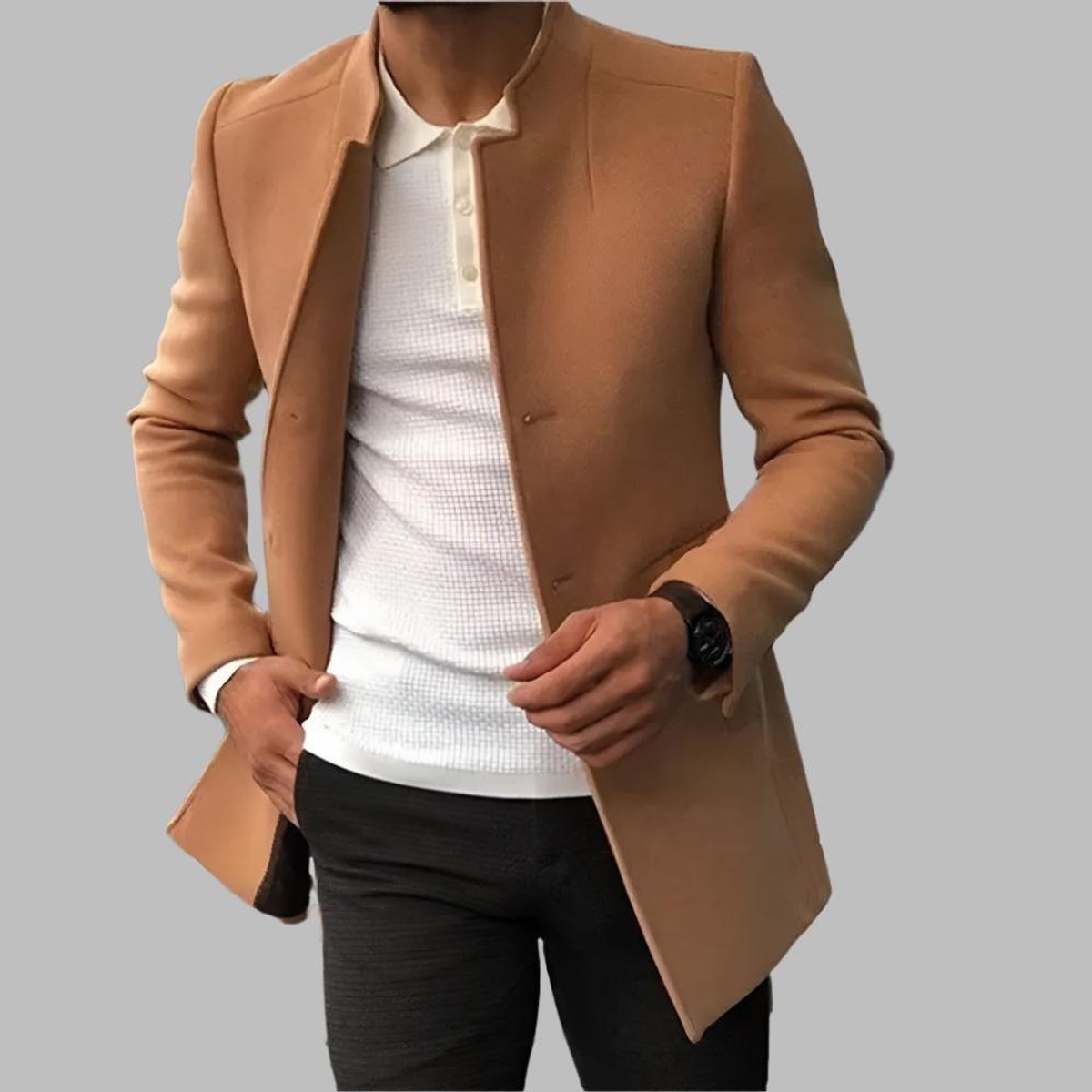 Men's Collarless Slim-Fit Woollen Overcoat