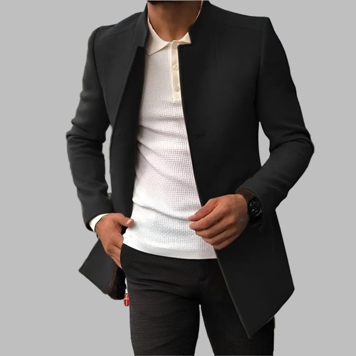 Men's Collarless Slim-Fit Woollen Overcoat