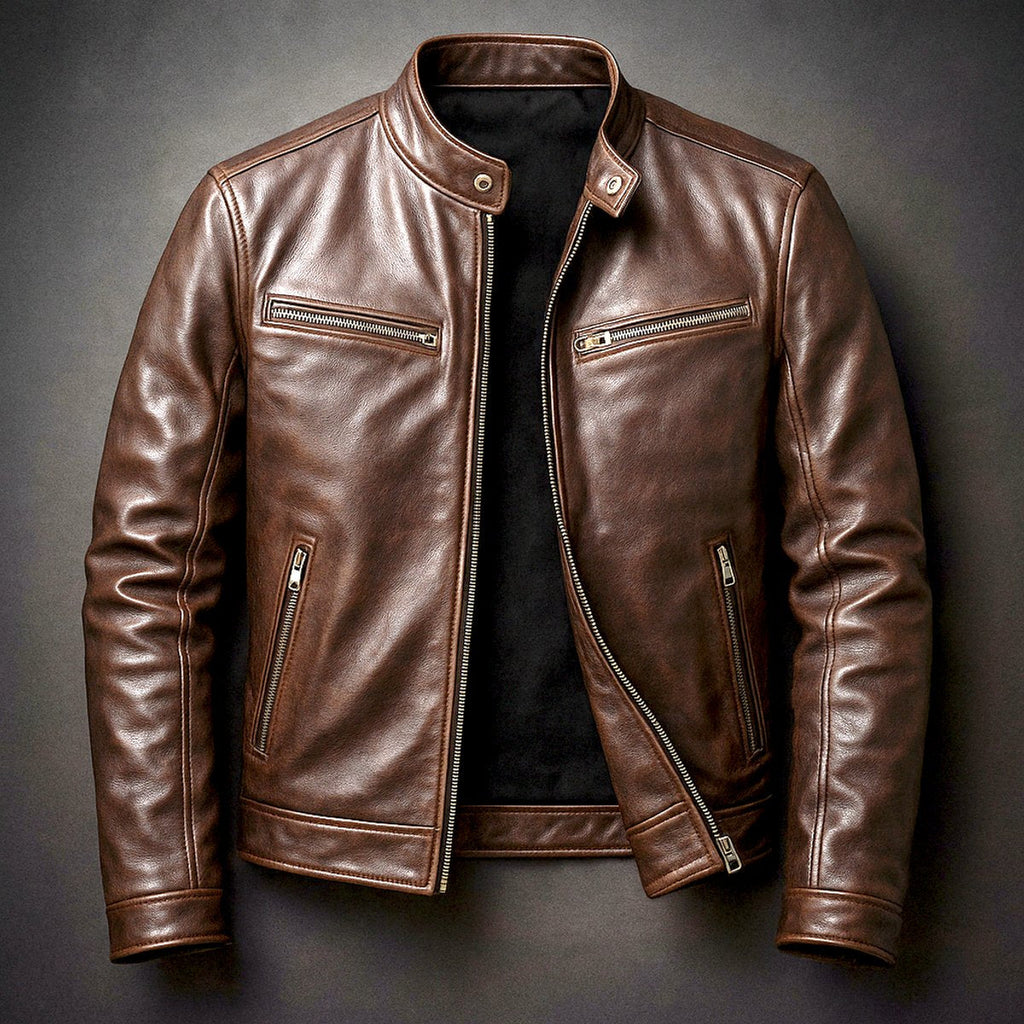 Men's Leather-Look Zip-Through Biker Jacket