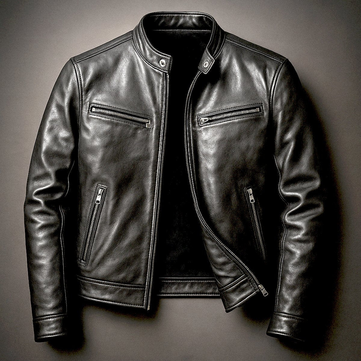 Men's Leather-Look Zip-Through Biker Jacket
