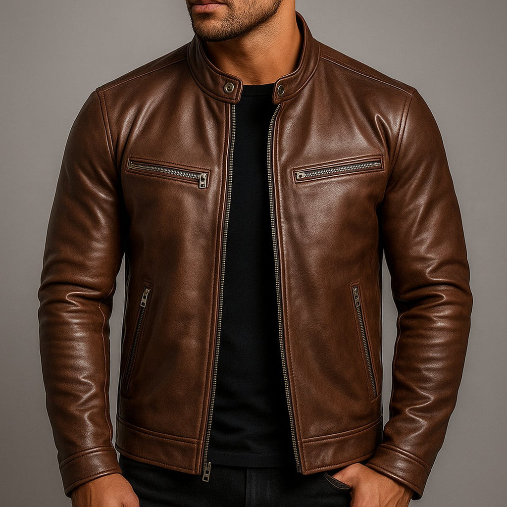 Men's Leather-Look Zip-Through Biker Jacket