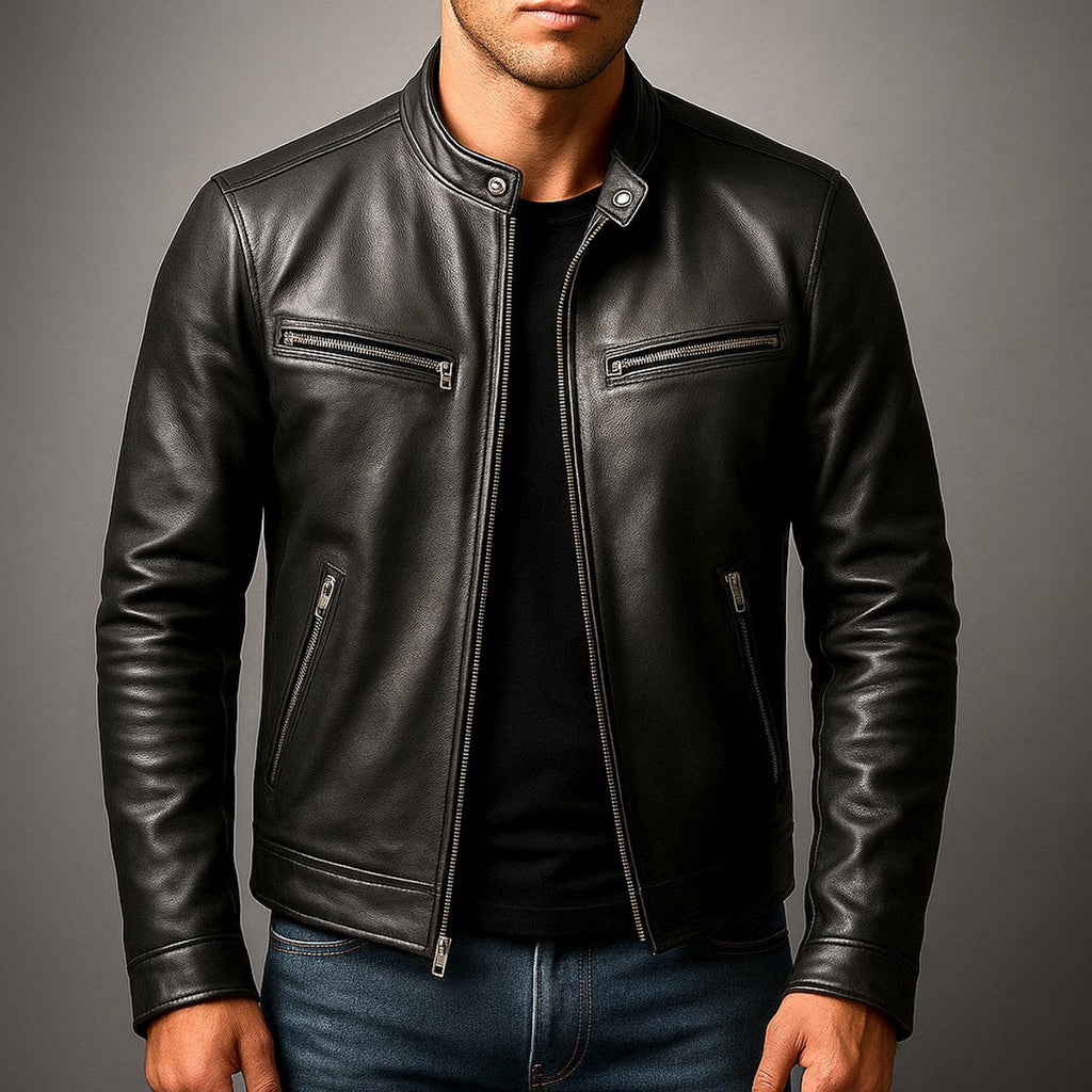 Men's Leather-Look Zip-Through Biker Jacket