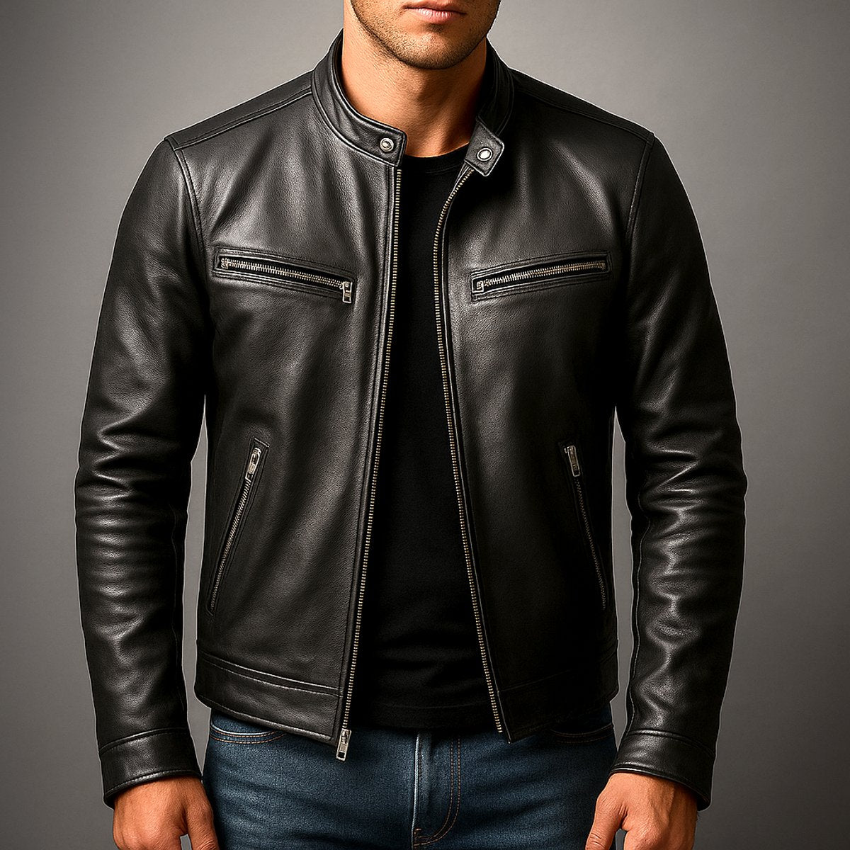 Men's Leather-Look Zip-Through Biker Jacket