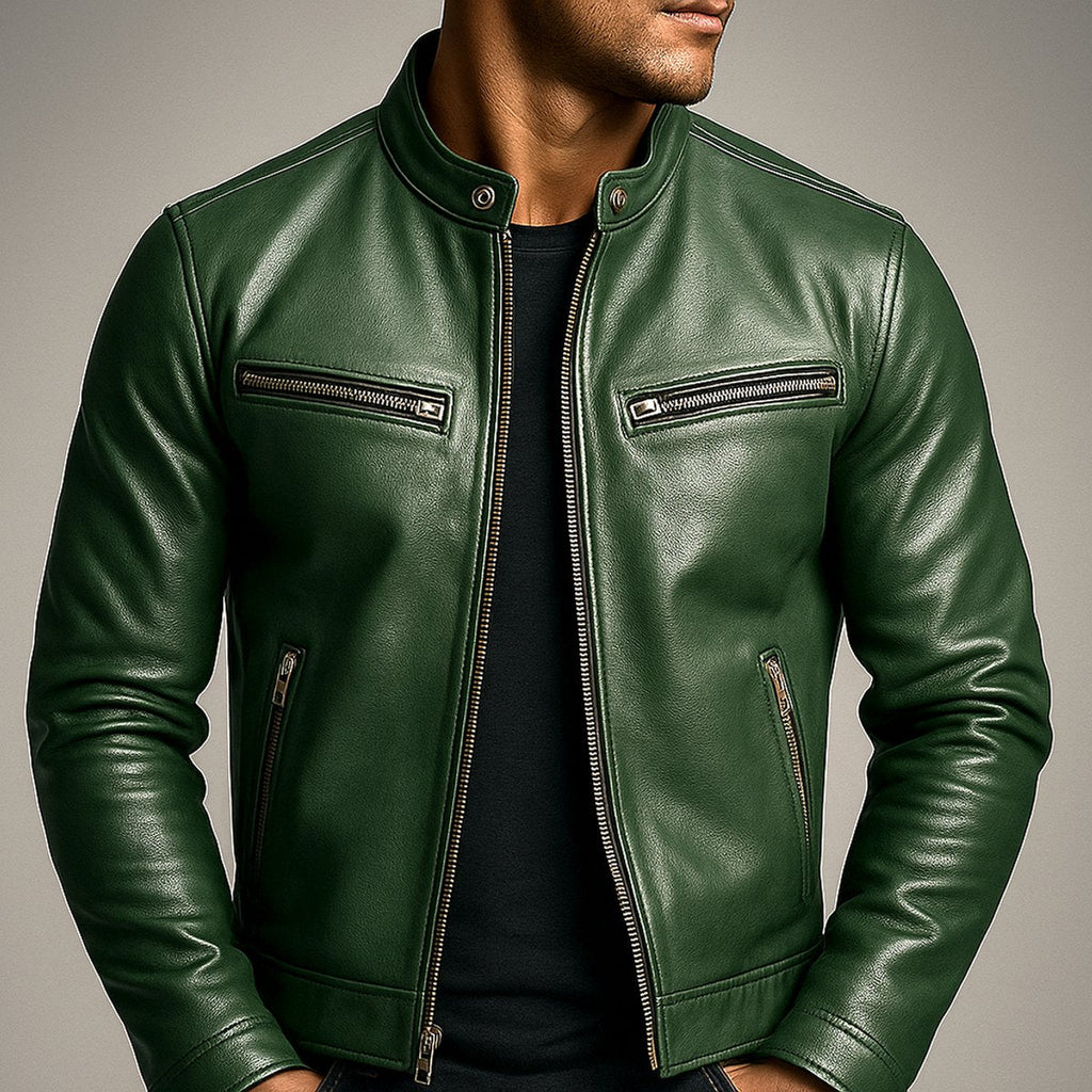 Men's Leather-Look Zip-Through Biker Jacket