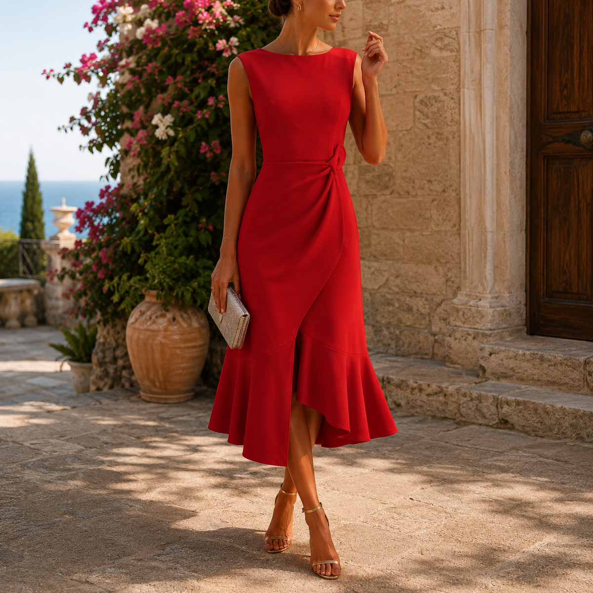 Women's Asymmetric Tie-Waist Occasion Midi Dress