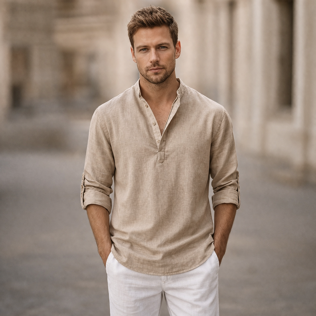 Men's Stand Collar Roll Sleeve Linen Shirt