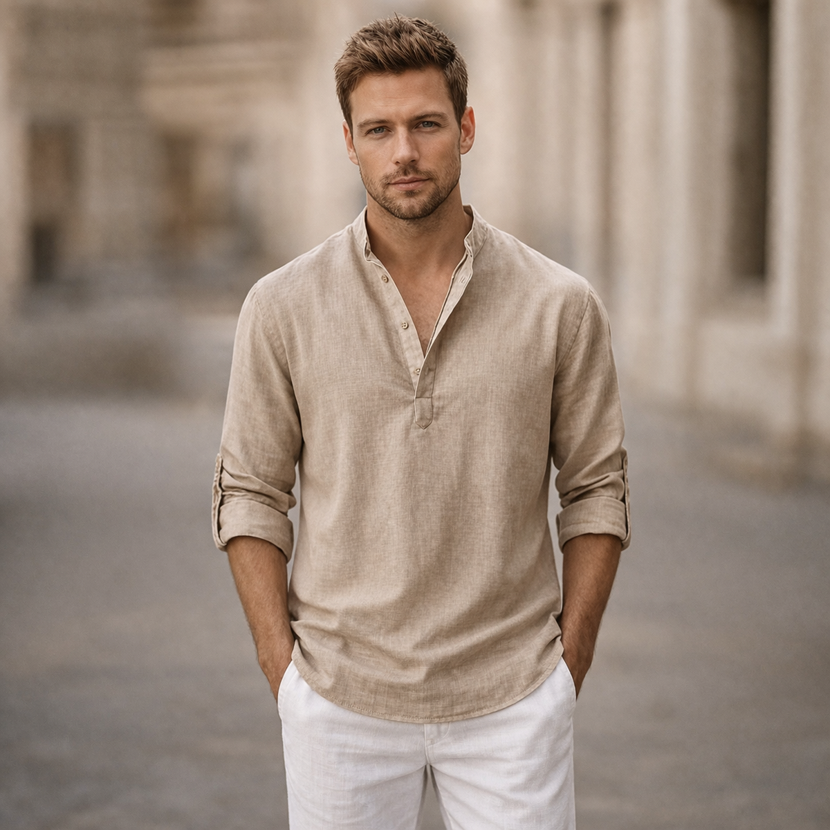 Men's Stand Collar Roll Sleeve Linen Shirt