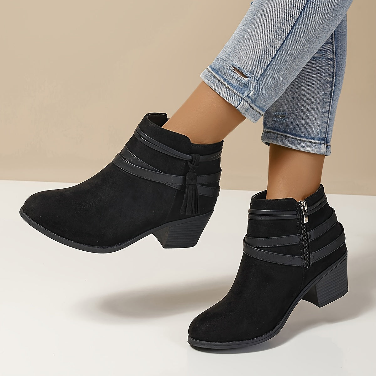 Women's Block Heel Tasselled Ankle Boots