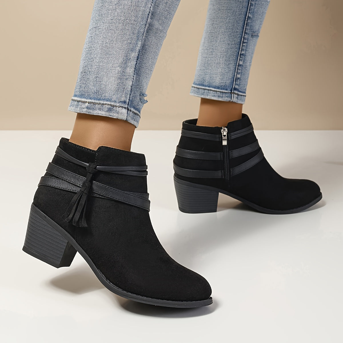 Women's Block Heel Tasselled Ankle Boots