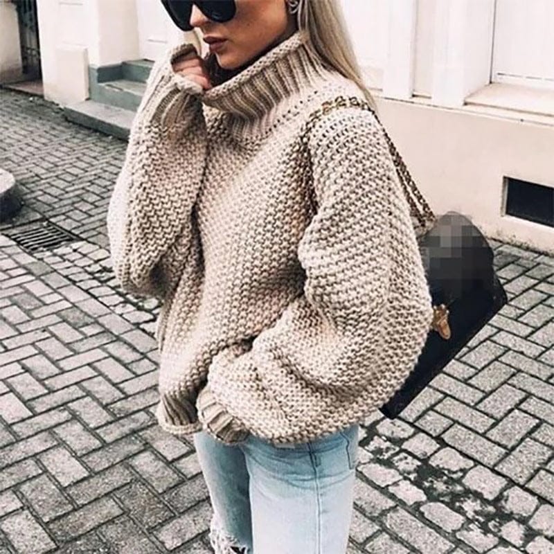 Women's Oversized Light Pink Chunky Polo Neck Pullover