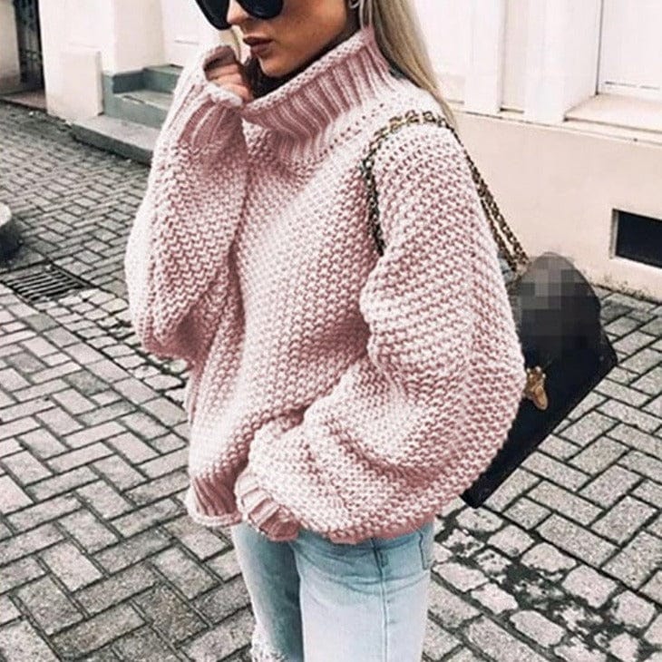 Women's Oversized Light Pink Chunky Polo Neck Pullover