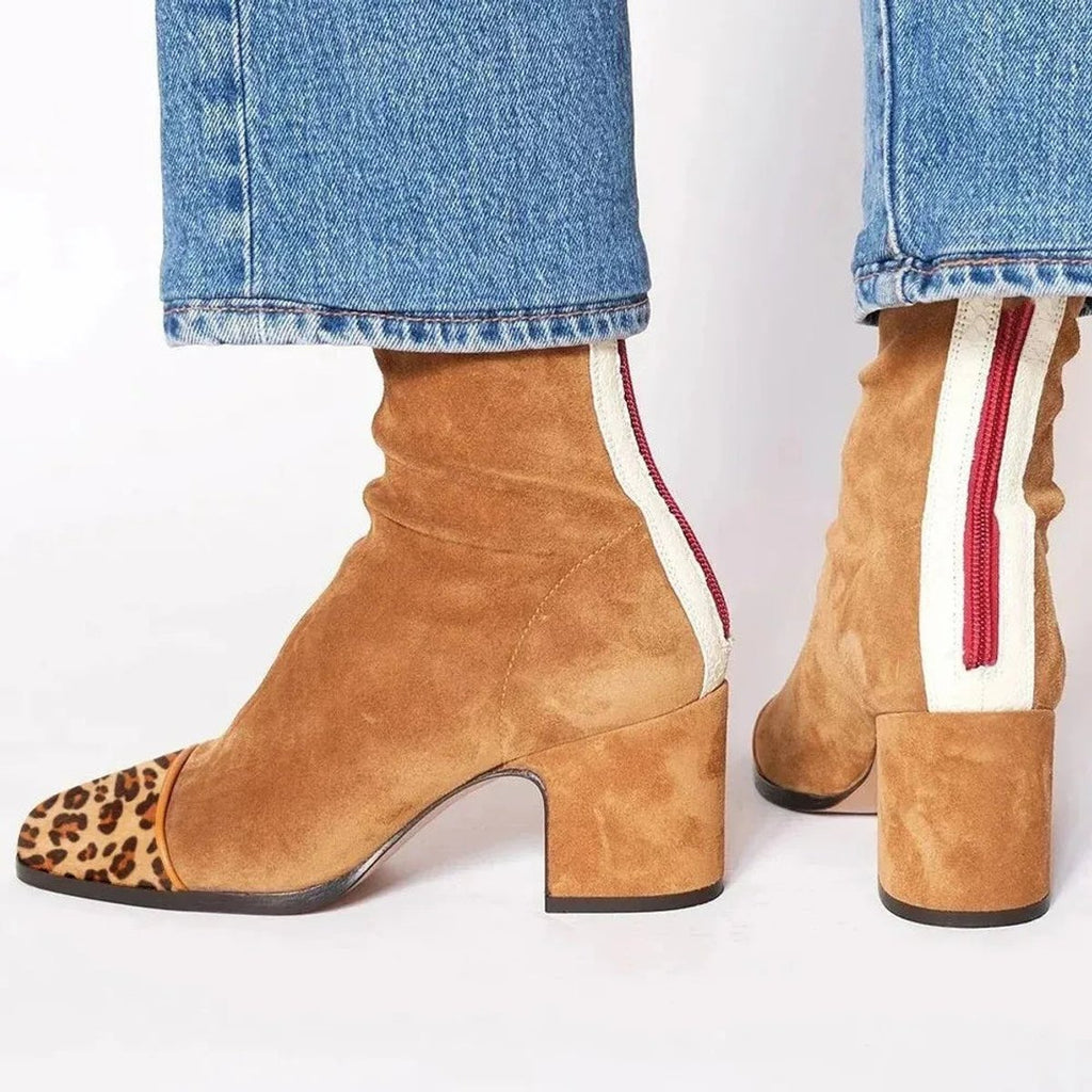 Women's Leopard-Toe Suede Heeled Ankle Boots