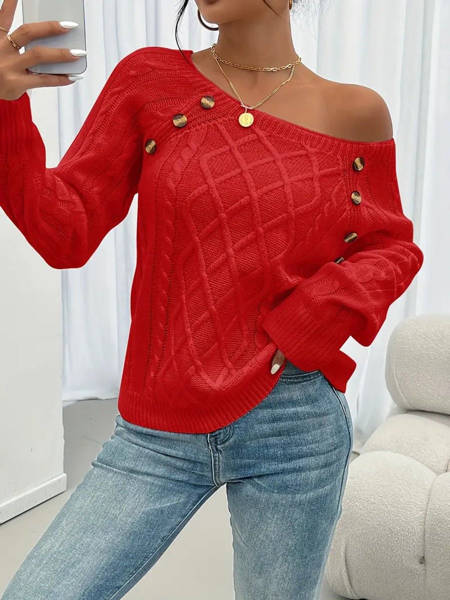 Women's Raglan-Sleeve Cable Knit Button-Detail Jumper
