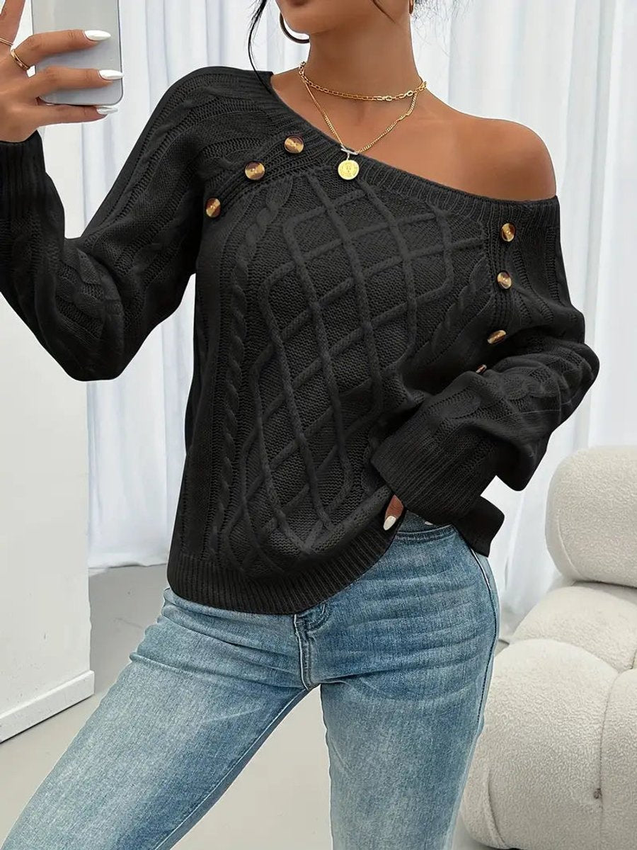 Women's Raglan-Sleeve Cable Knit Button-Detail Jumper