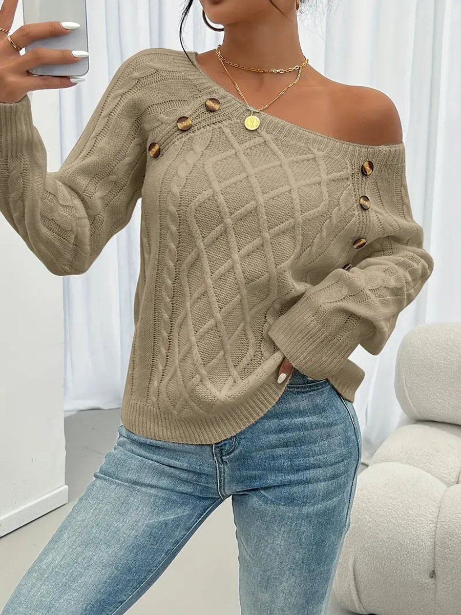 Women's Raglan-Sleeve Cable Knit Button-Detail Jumper
