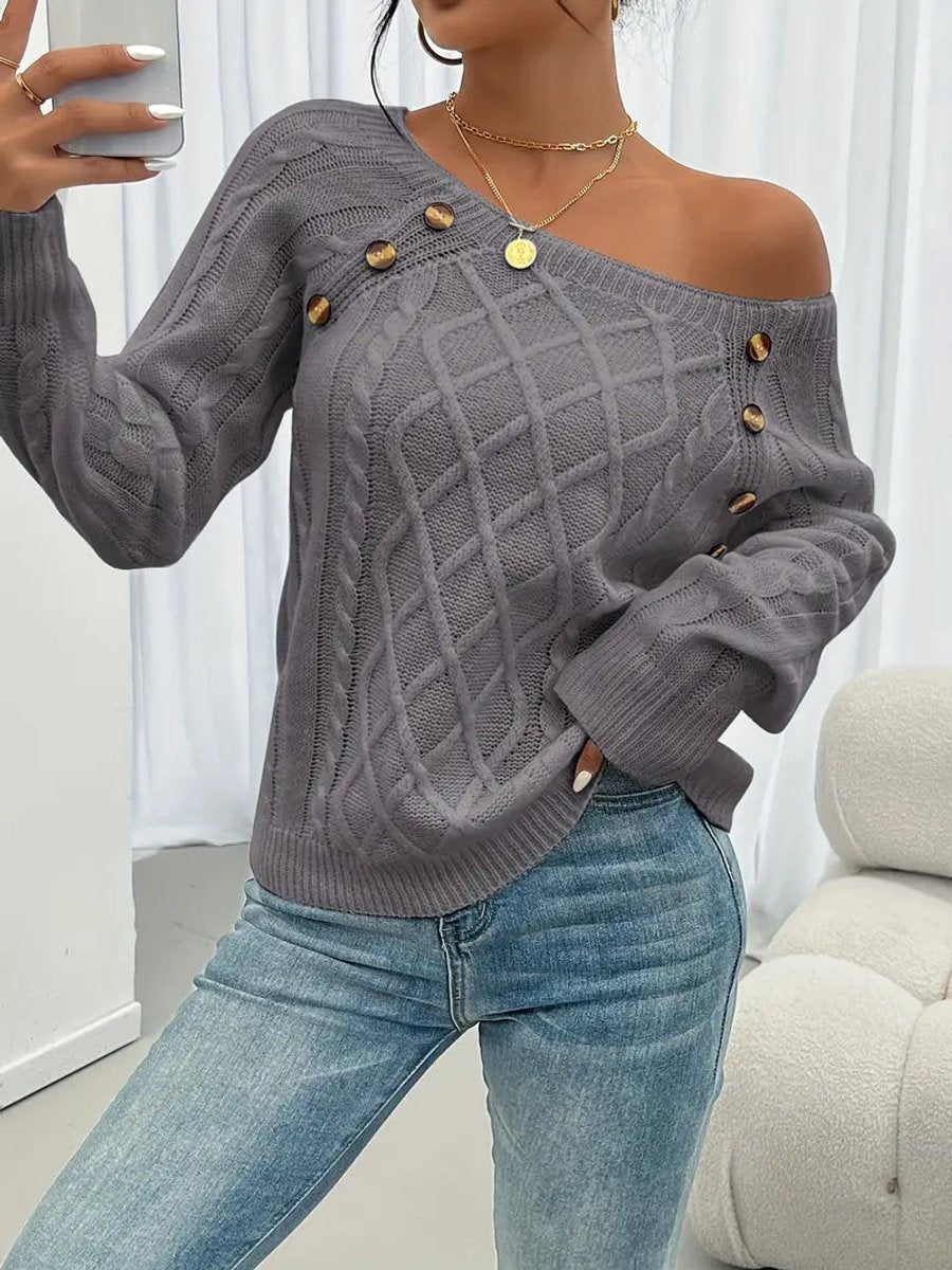 Women's Raglan-Sleeve Cable Knit Button-Detail Jumper