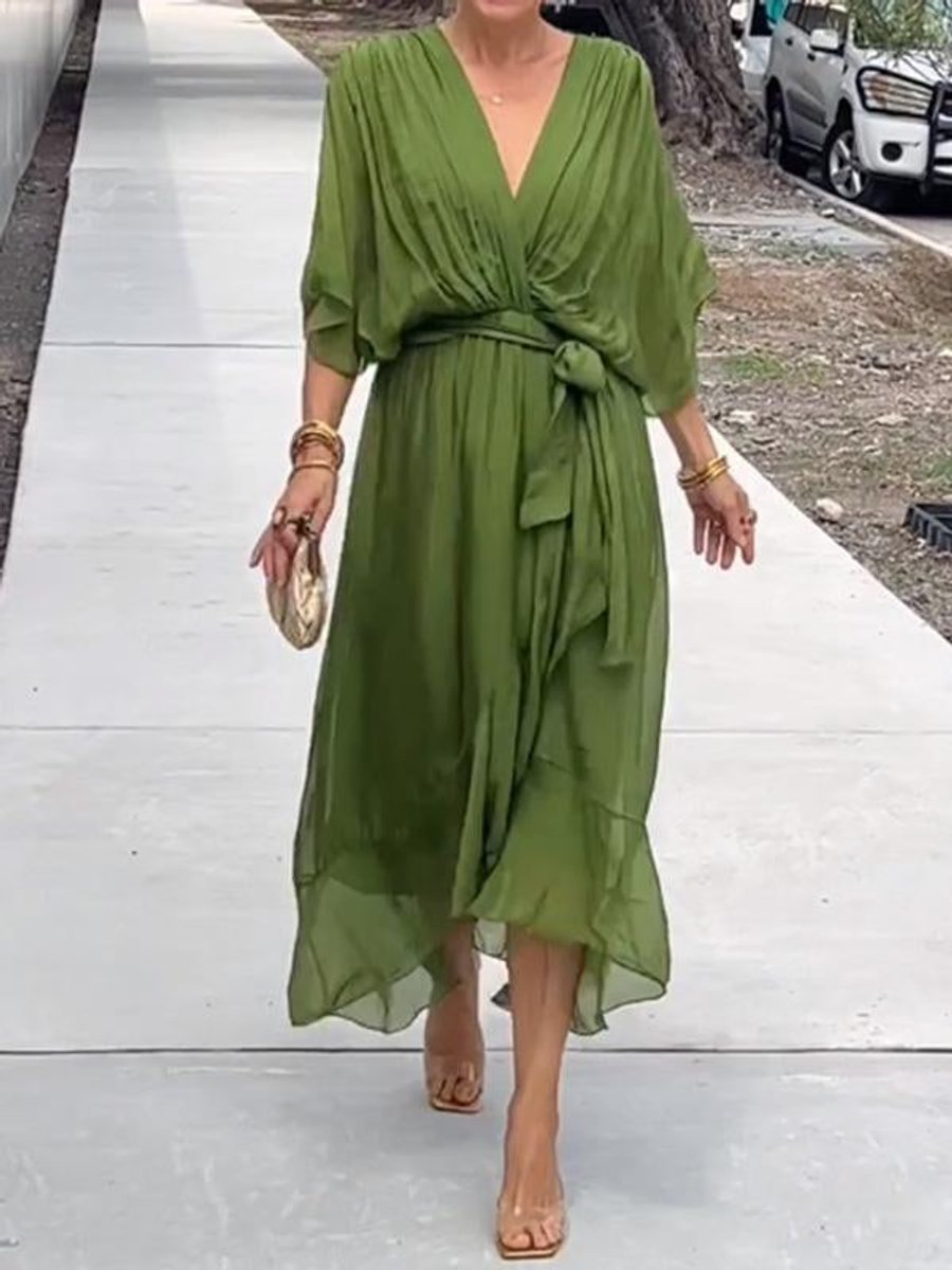 Women's Belted V-Neck Chiffon Party Midi Dress