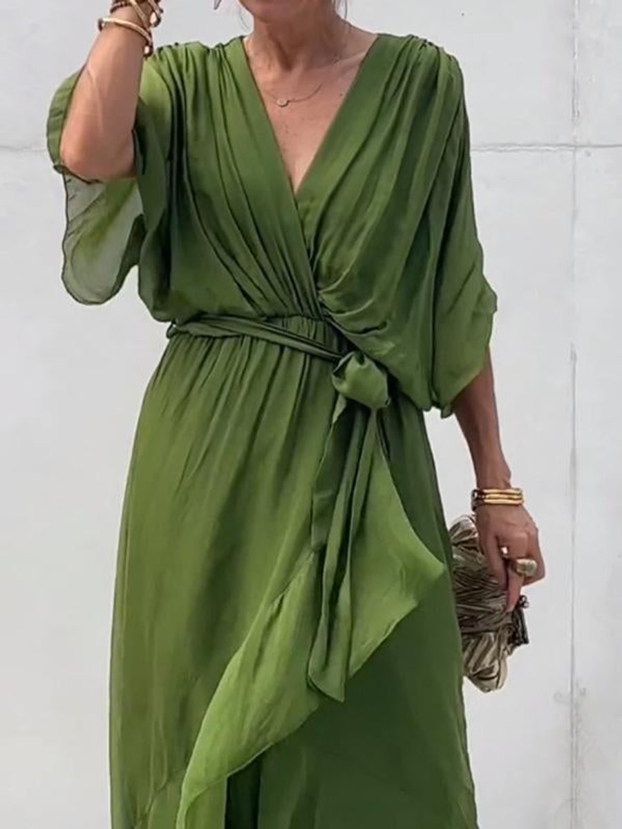 Women's Belted V-Neck Chiffon Party Midi Dress