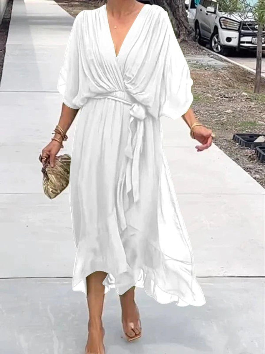 Women's Belted V-Neck Chiffon Party Midi Dress