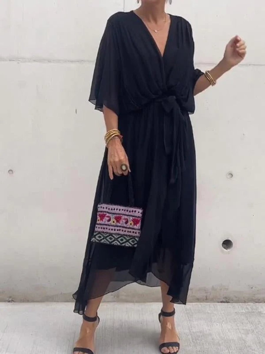 Women's Belted V-Neck Chiffon Party Midi Dress