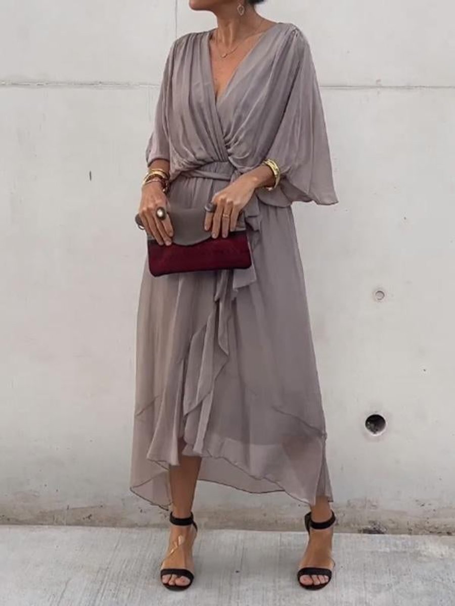 Women's Belted V-Neck Chiffon Party Midi Dress