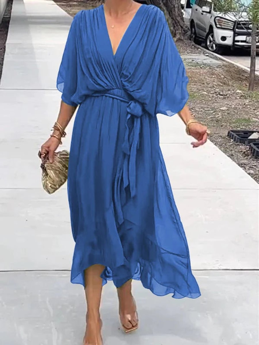 Women's Belted V-Neck Chiffon Party Midi Dress