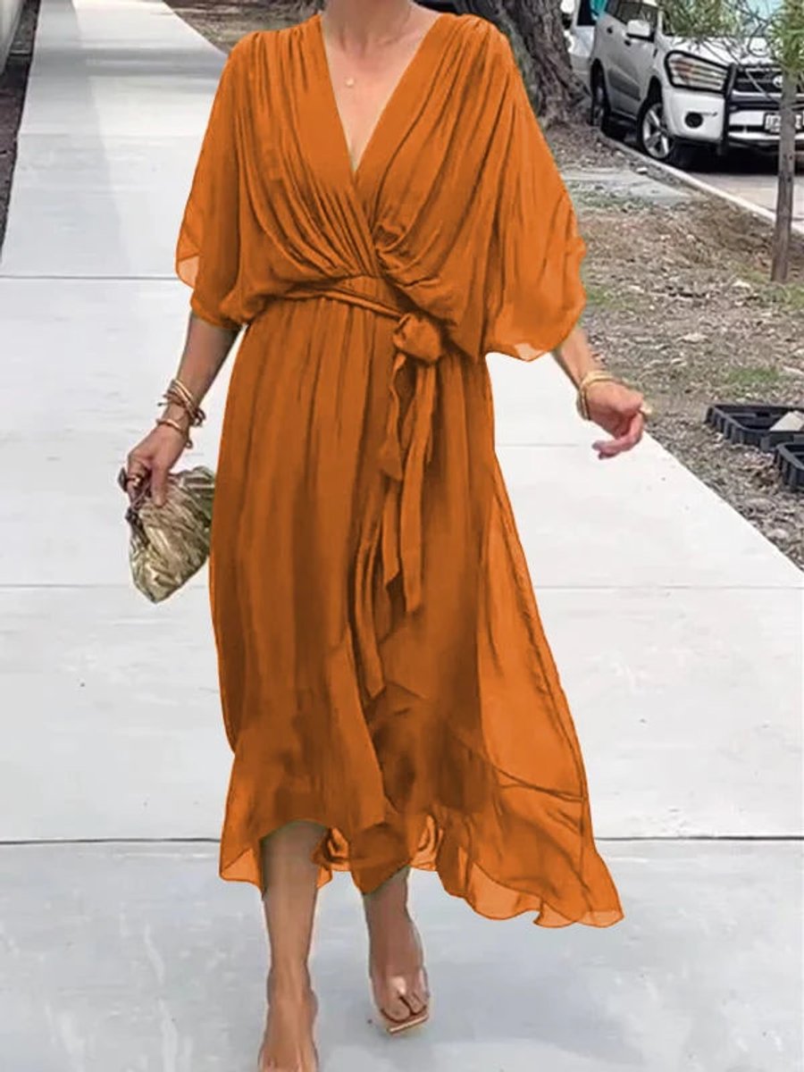 Women's Belted V-Neck Chiffon Party Midi Dress