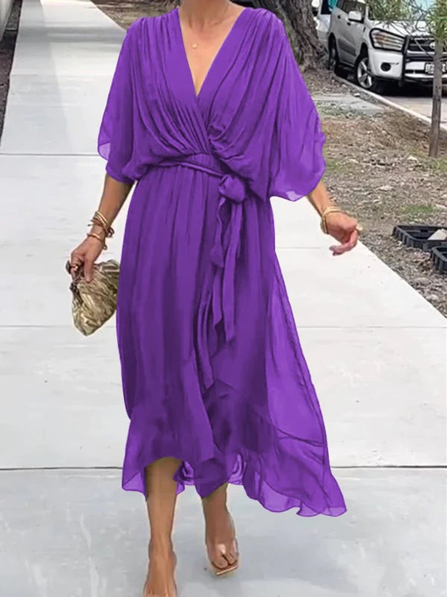 Women's Belted V-Neck Chiffon Party Midi Dress