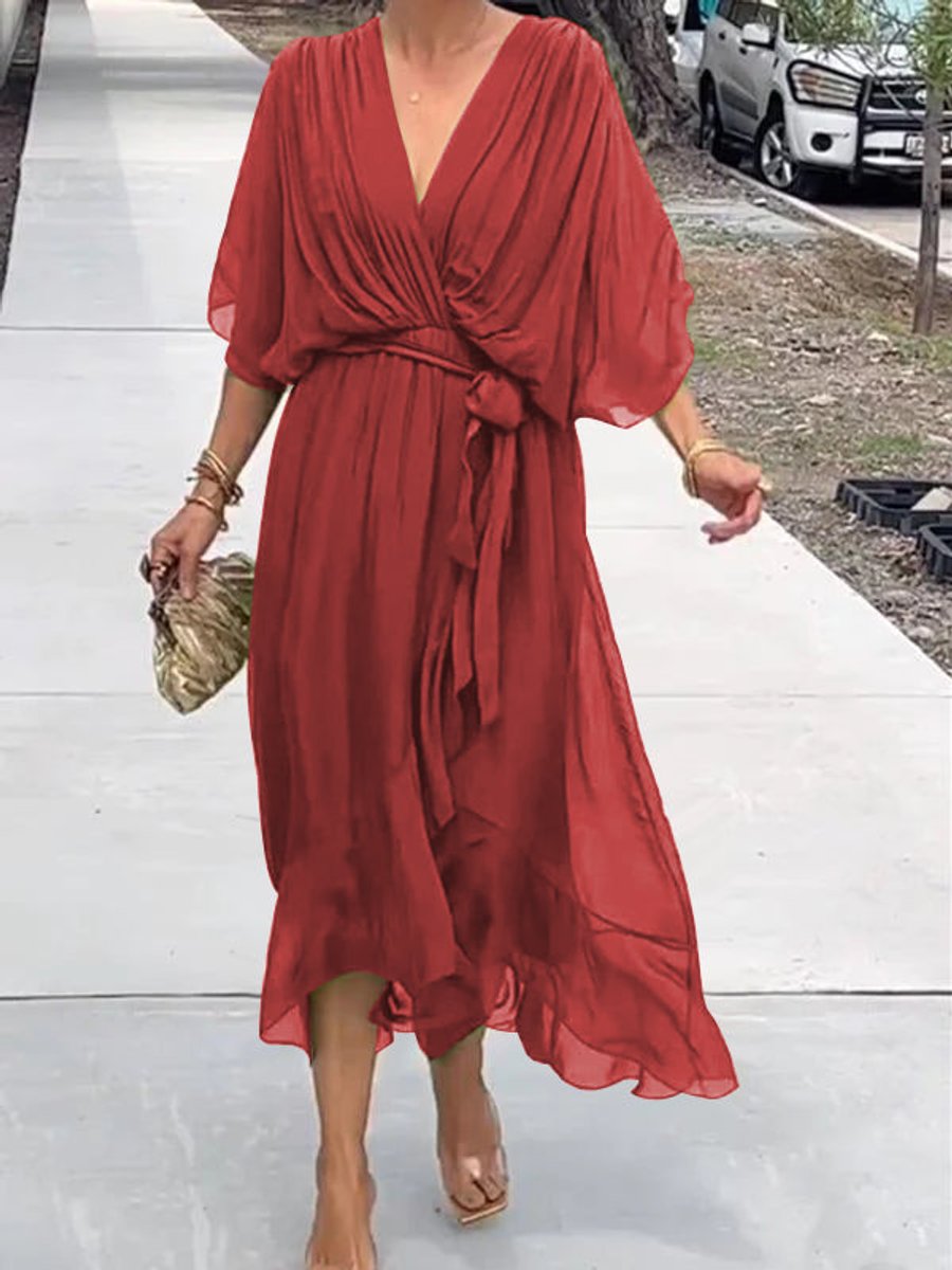 Women's Belted V-Neck Chiffon Party Midi Dress