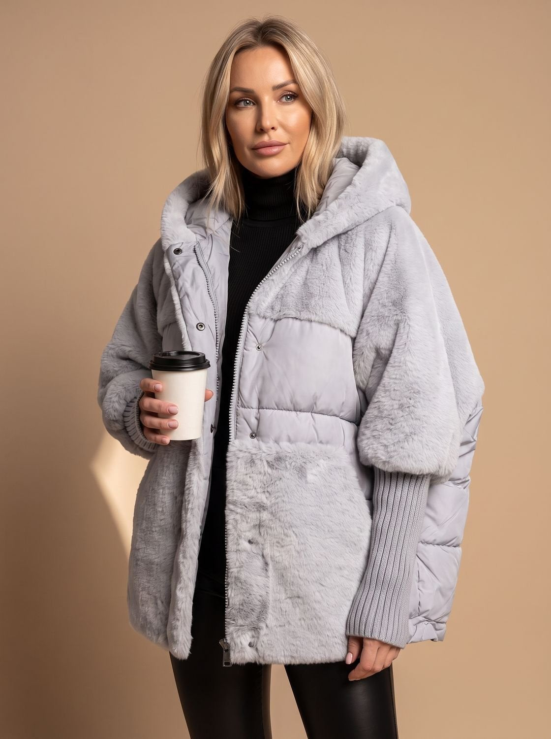 Women's Oversized Hooded Puffer Coat with Faux Fur
