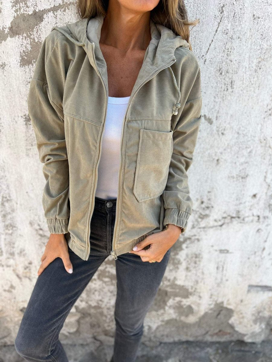 Women's Oversized Zip-Up Quilted Cord Jacket with Hood