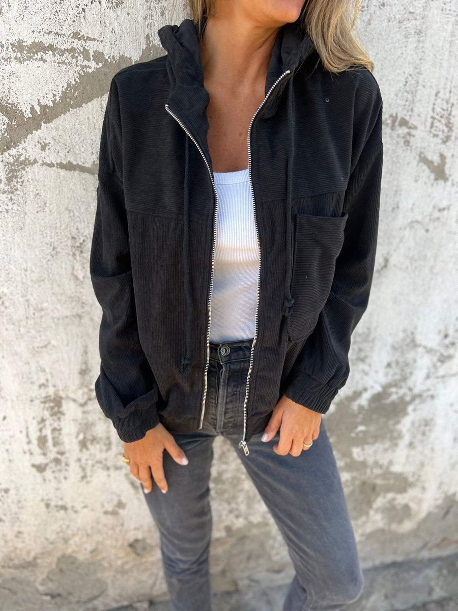 Women's Oversized Zip-Up Quilted Cord Jacket with Hood