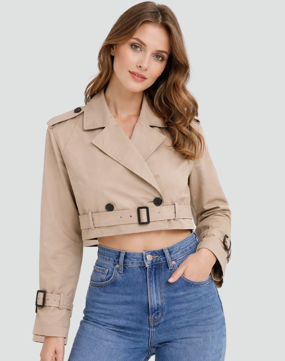 Women's Belted Cropped Double-Breasted Trench Jacket