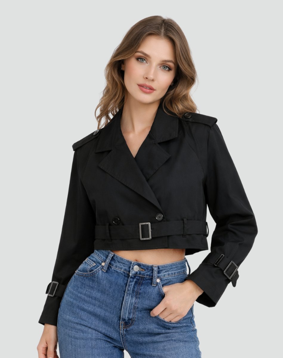 Women's Belted Cropped Double-Breasted Trench Jacket
