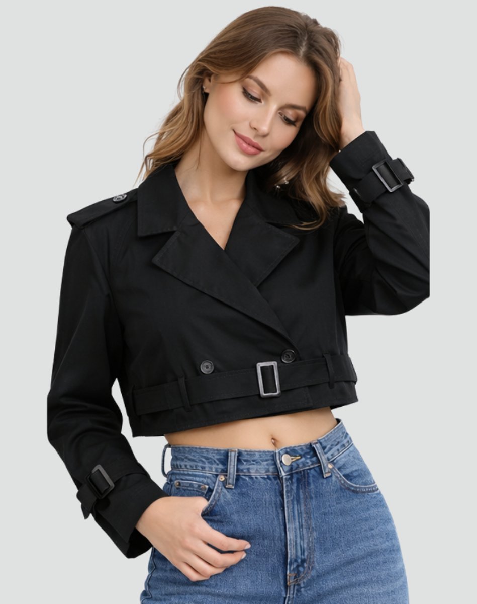 Women's Belted Cropped Double-Breasted Trench Jacket