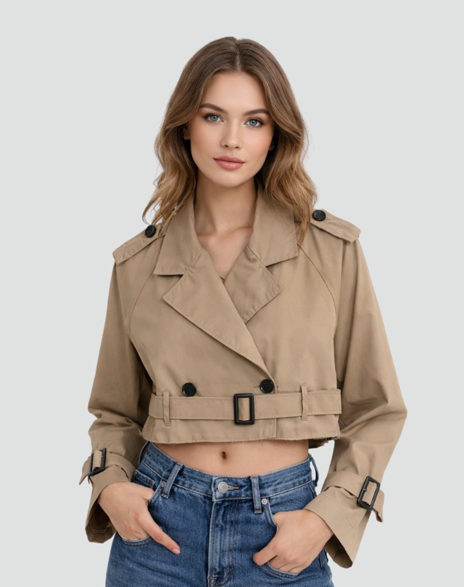 Women's Belted Cropped Double-Breasted Trench Jacket