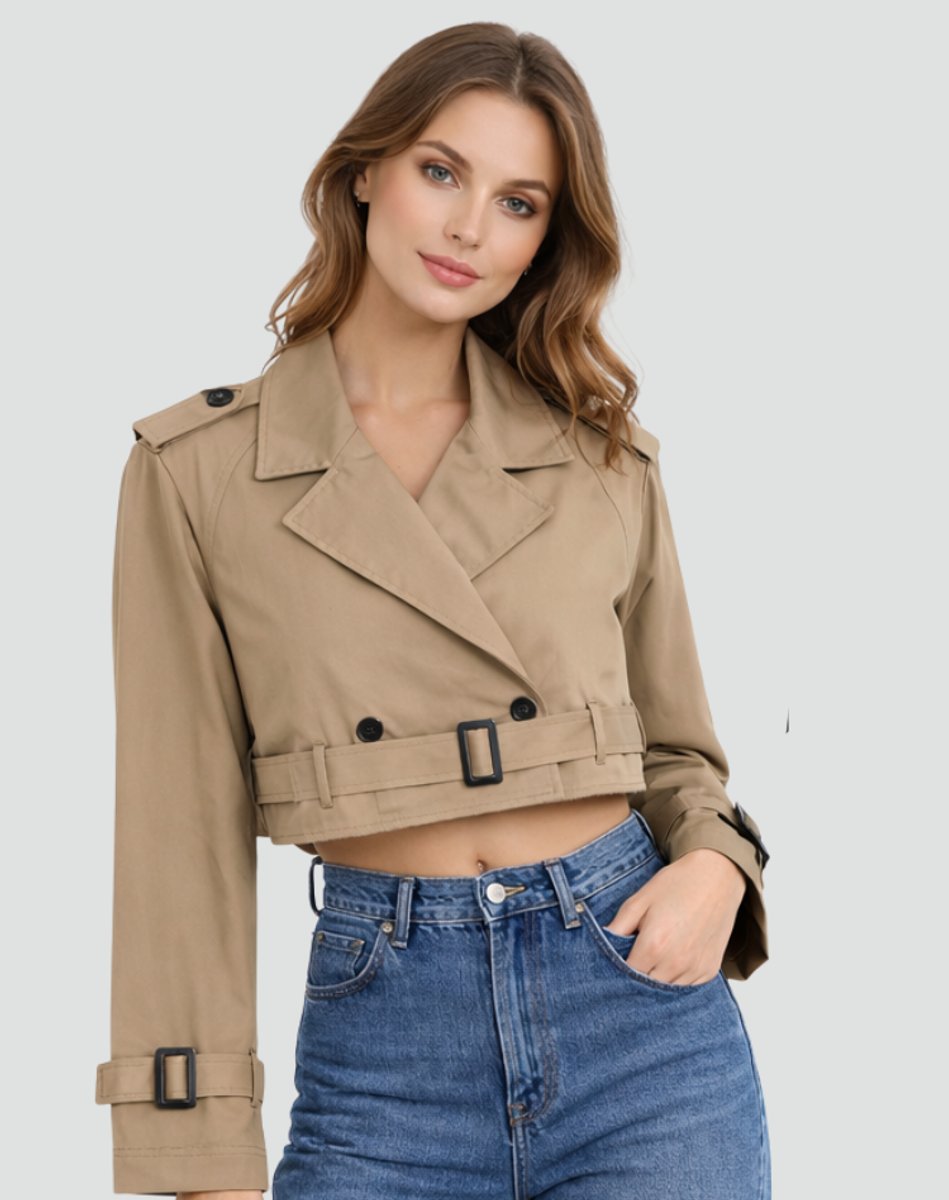 Women's Belted Cropped Double-Breasted Trench Jacket