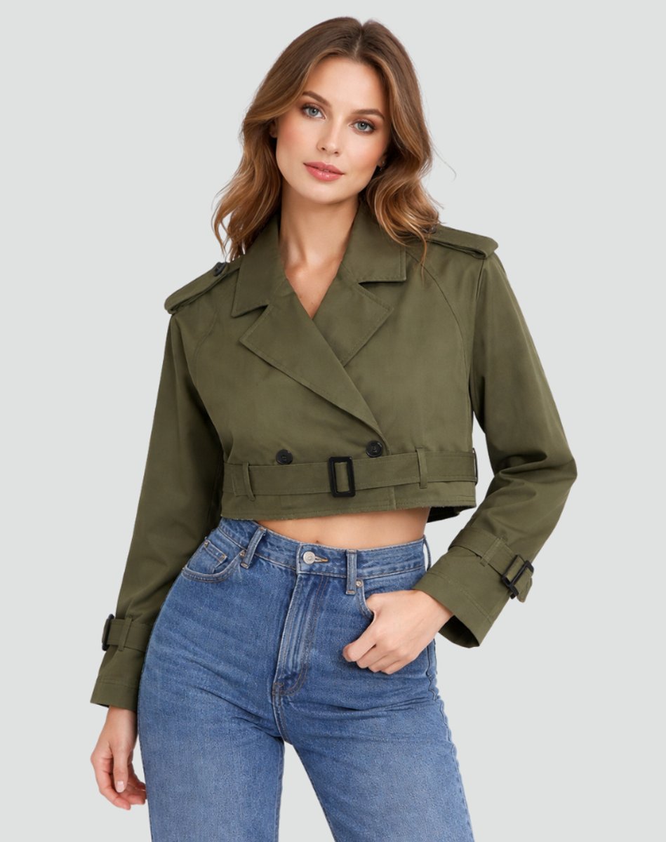 Women's Belted Cropped Double-Breasted Trench Jacket