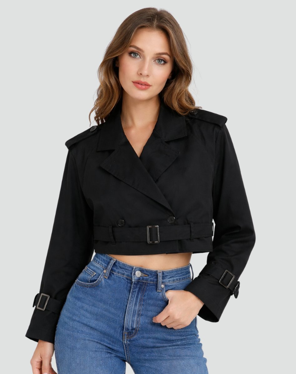 Women's Belted Cropped Double-Breasted Trench Jacket