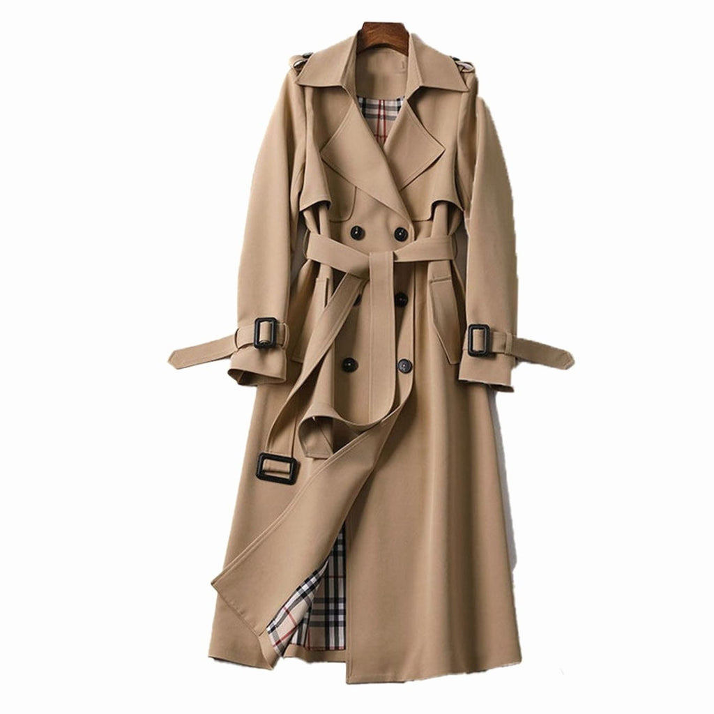 Women's Check-Lined Double-Breasted Longline Trench