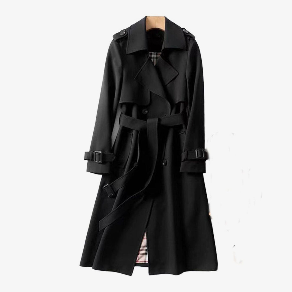 Women's Check-Lined Double-Breasted Longline Trench
