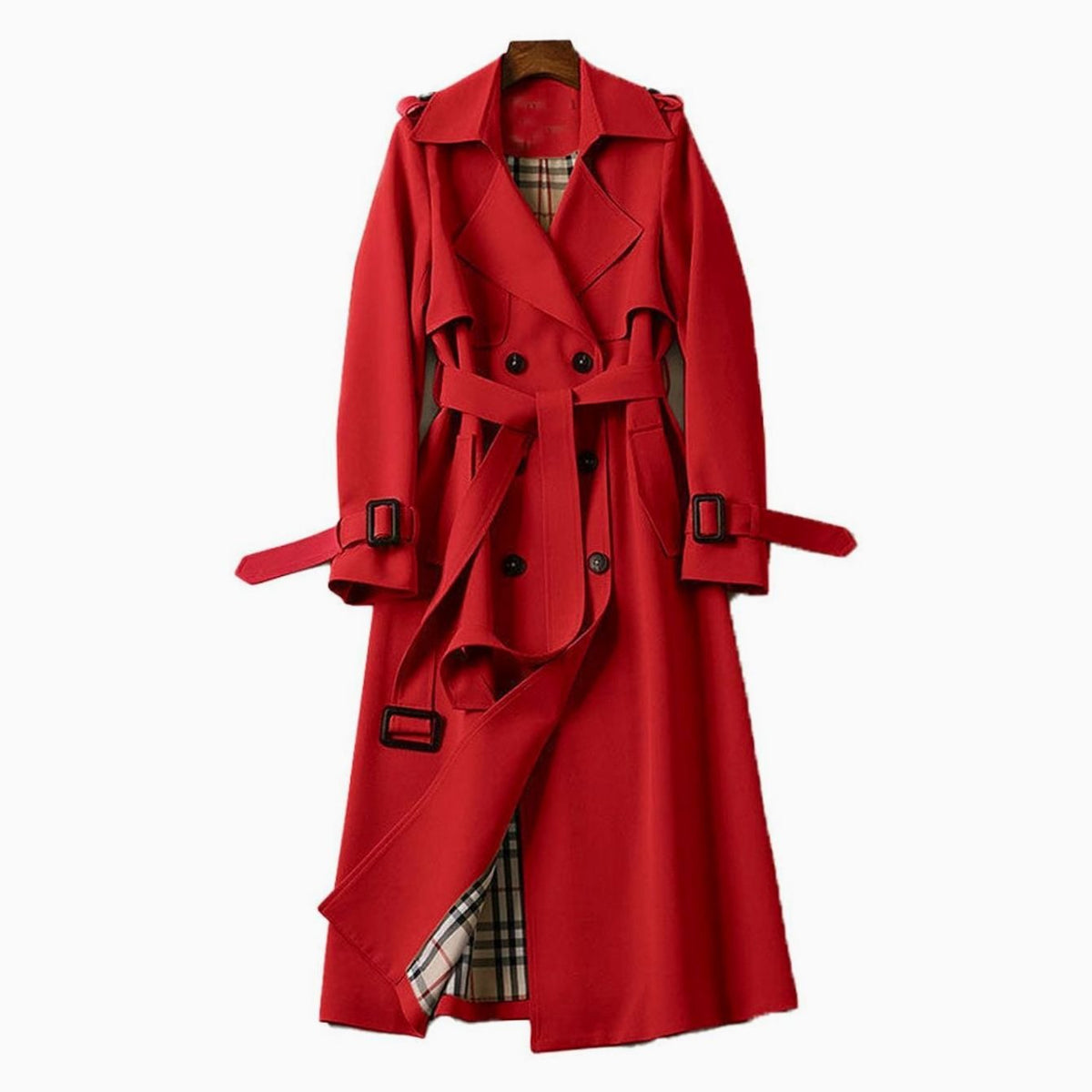 Women's Check-Lined Double-Breasted Longline Trench