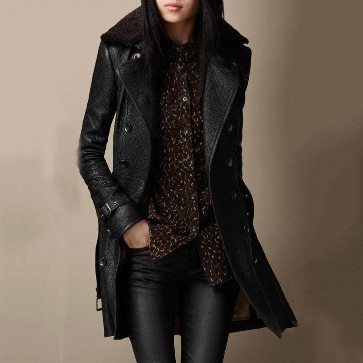 Women's Shearling-Collar Pebbled Leather Trench Coat