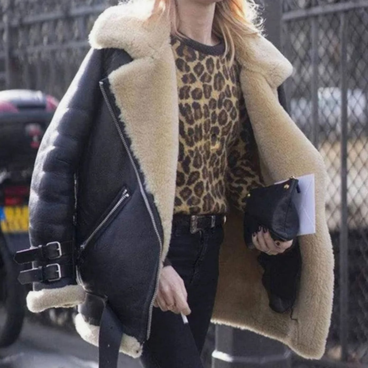 Women's Faux Fur-Lined Suede Biker Jacket