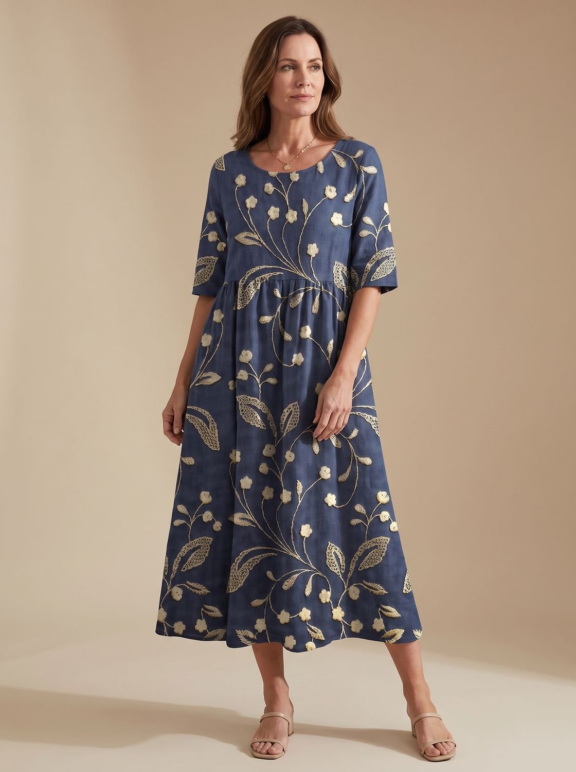 Women's Relaxed-Fit Embroidered Floral Midi Dress